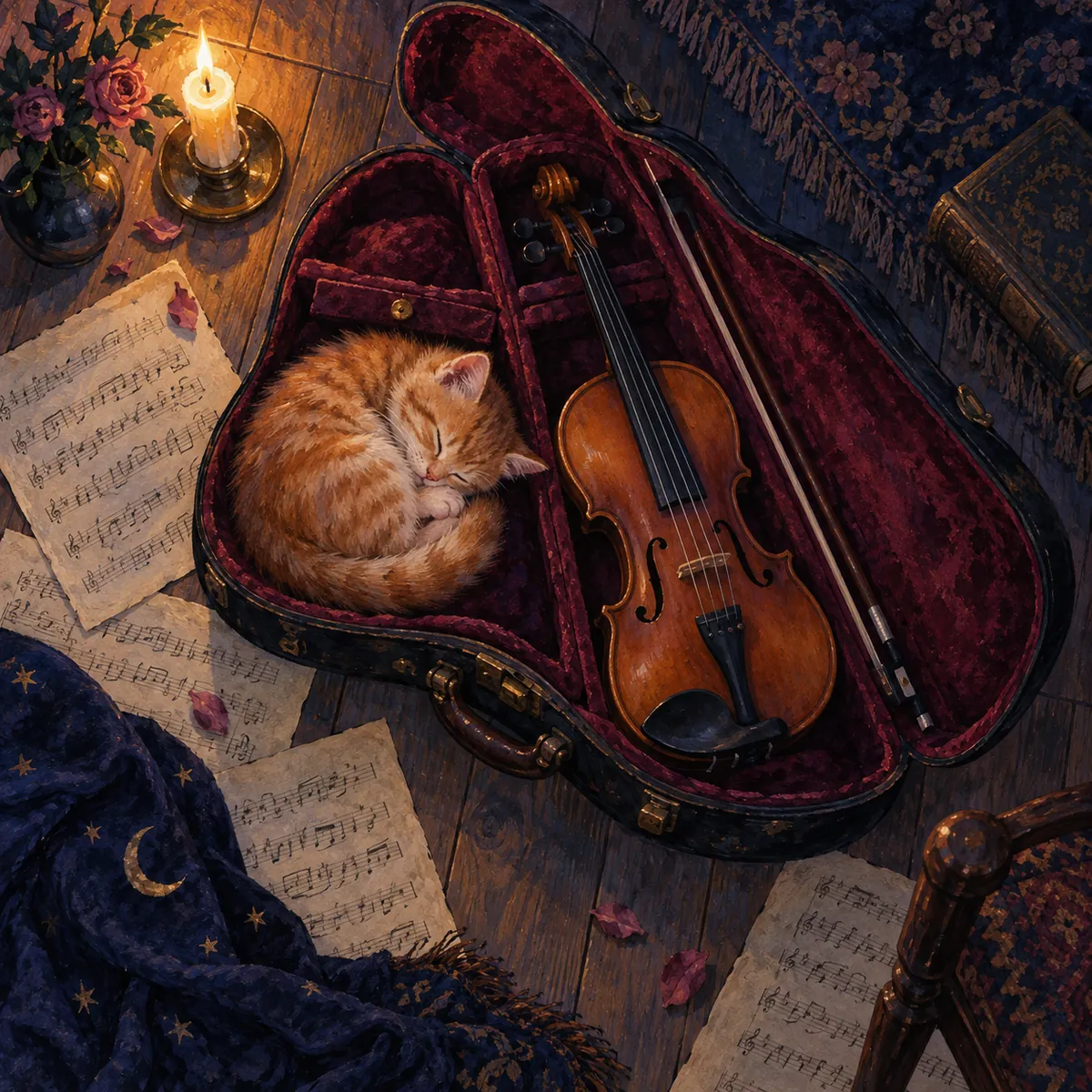 A ginger kitten asleep in an open violin case beside the violin and bow