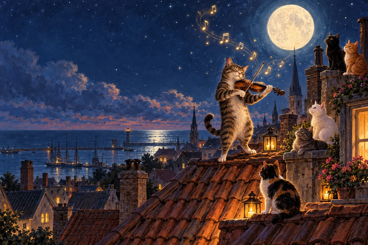 A tabby cat plays the violin on a moonlit Liepāja rooftop while other cats listen
