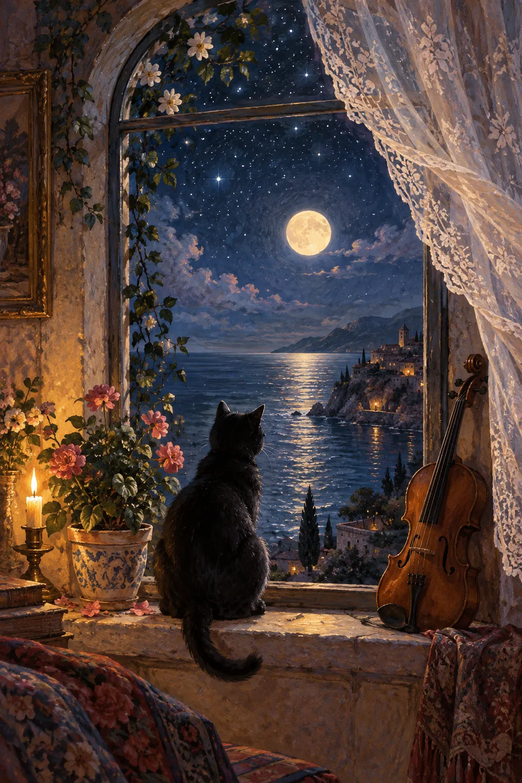 A black cat on a windowsill looks out at the sea and the moon, a violin resting beside it